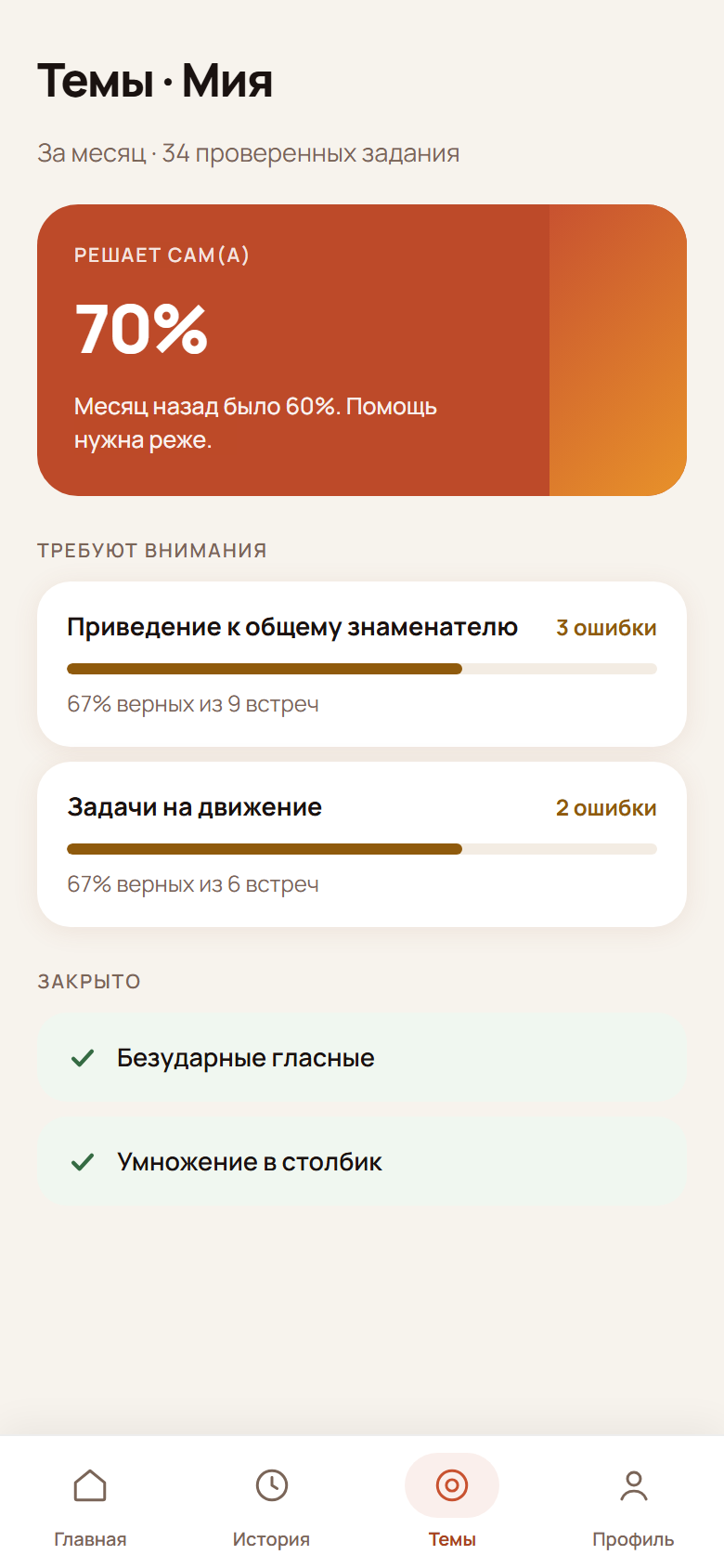 Карта тем: сколько ребёнок решает сам, какие темы требуют внимания и какие закрыты